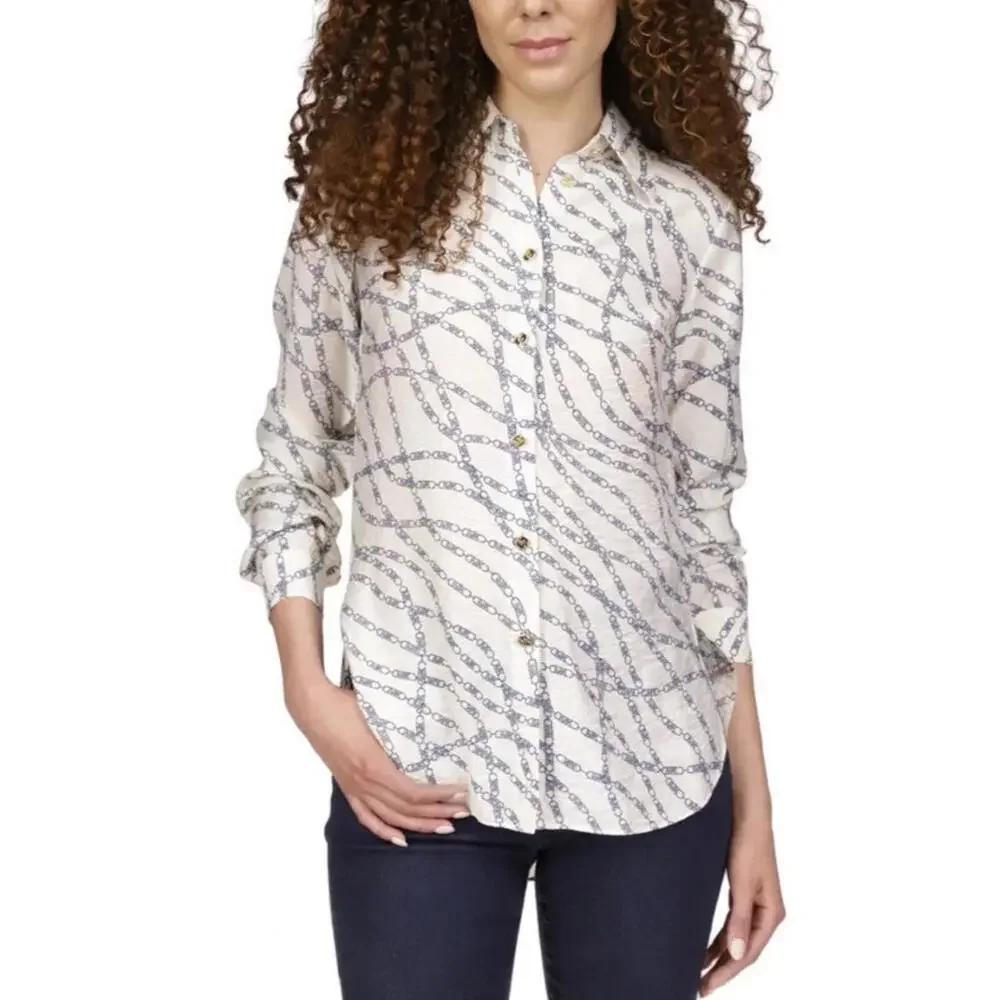 Michael Kors Women's Bias Printed High-Low Button-Down Top. Small Retail $110.00